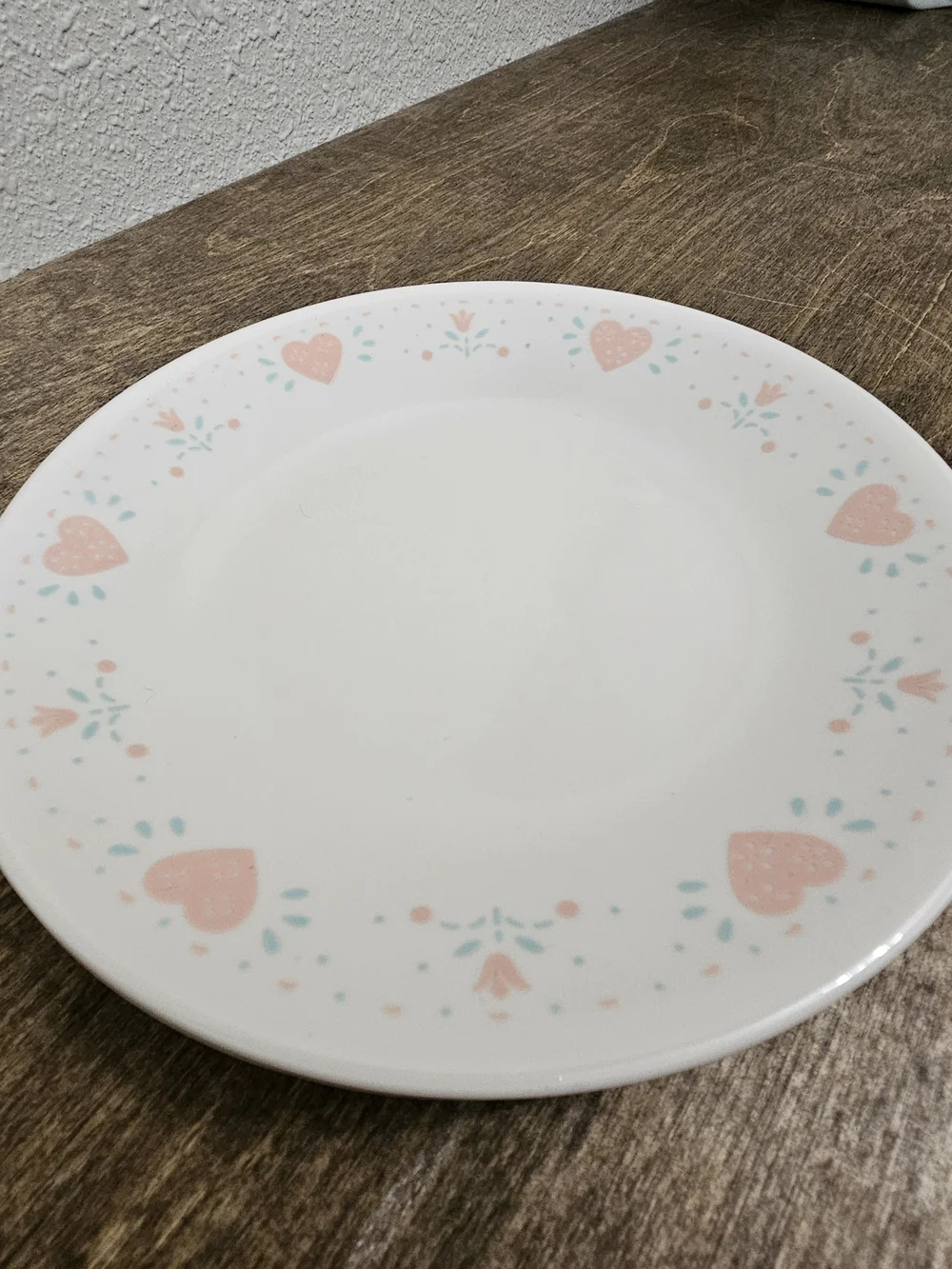 5 Corelle White Dessert Plate with Pink Heart and Blue Dot Accents